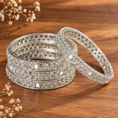 Grey-American Diamond Studded Kundan Bangles - Set of 4