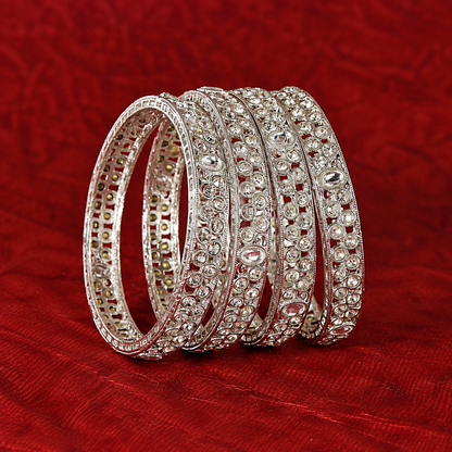 Grey-American Diamond Studded Kundan Bangles - Set of 4