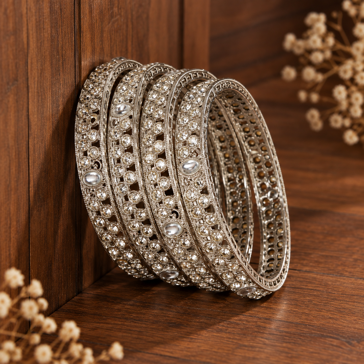 Grey-American Diamond Studded Kundan Bangles - Set of 4