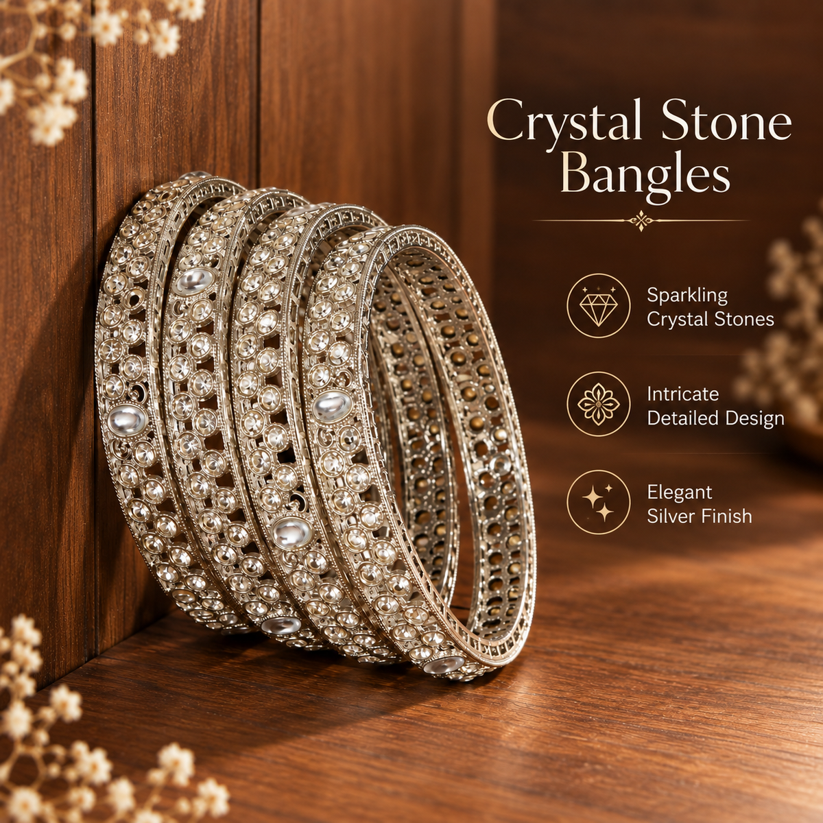 Grey-American Diamond Studded Kundan Bangles - Set of 4