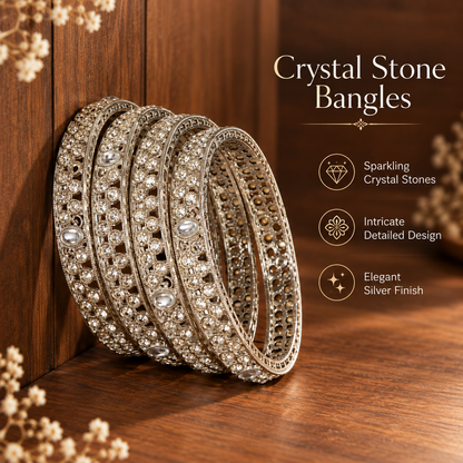 Grey-American Diamond Studded Kundan Bangles - Set of 4