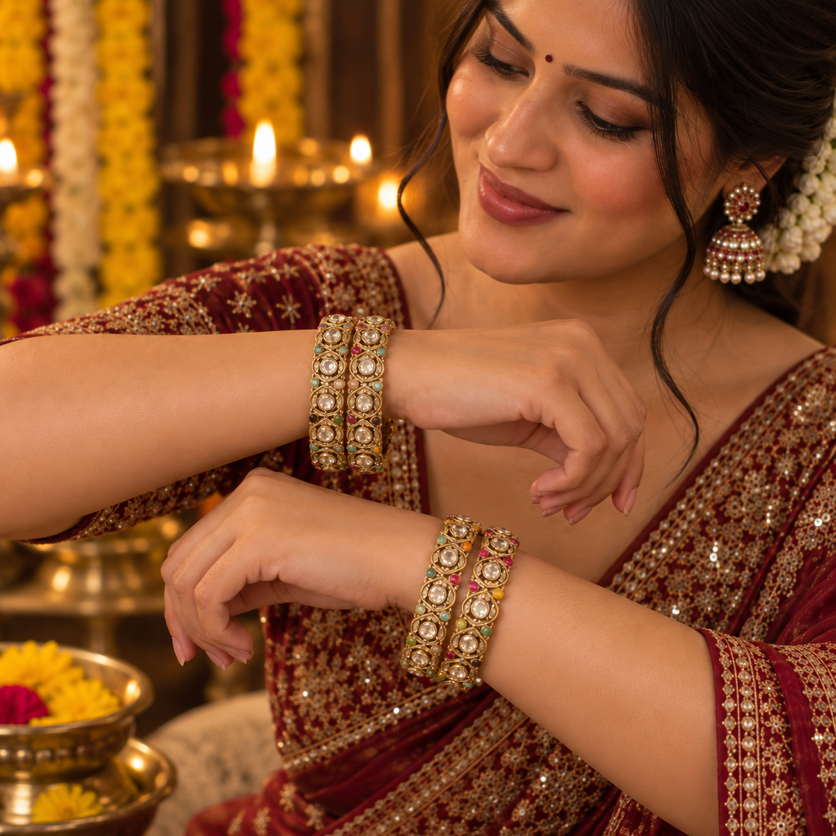 Golden & American Diamond Designer Bangles Set - Set Of 4
