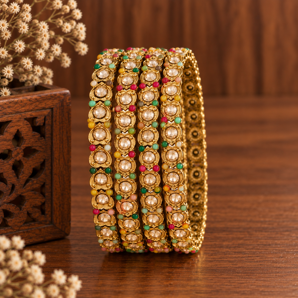 Golden & American Diamond Designer Bangles Set - Set Of 4