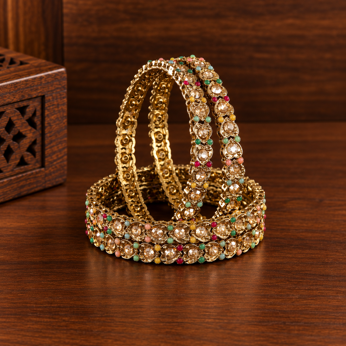 Golden & American Diamond Designer Bangles Set - Set Of 4