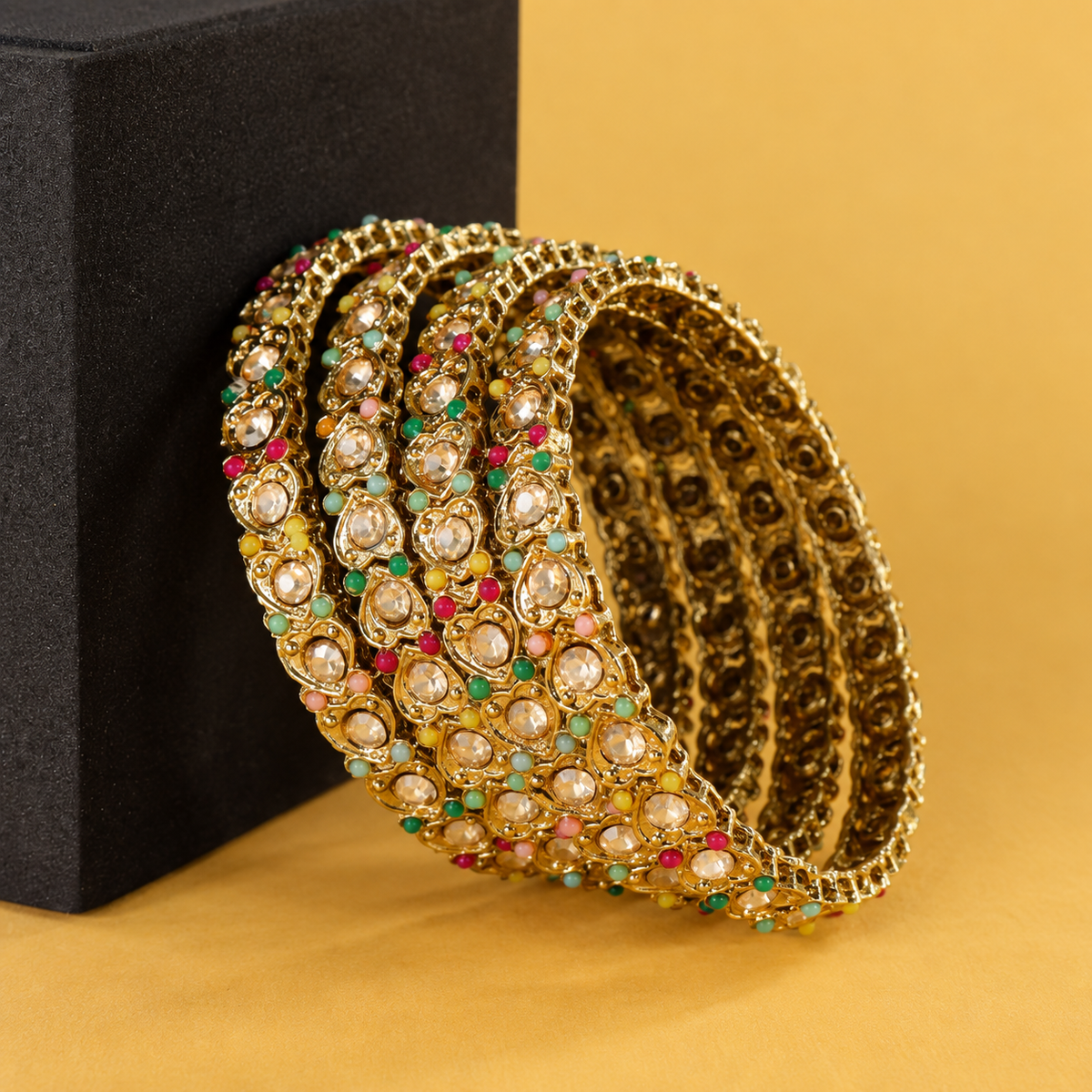 Golden & American Diamond Designer Bangles Set - Set Of 4