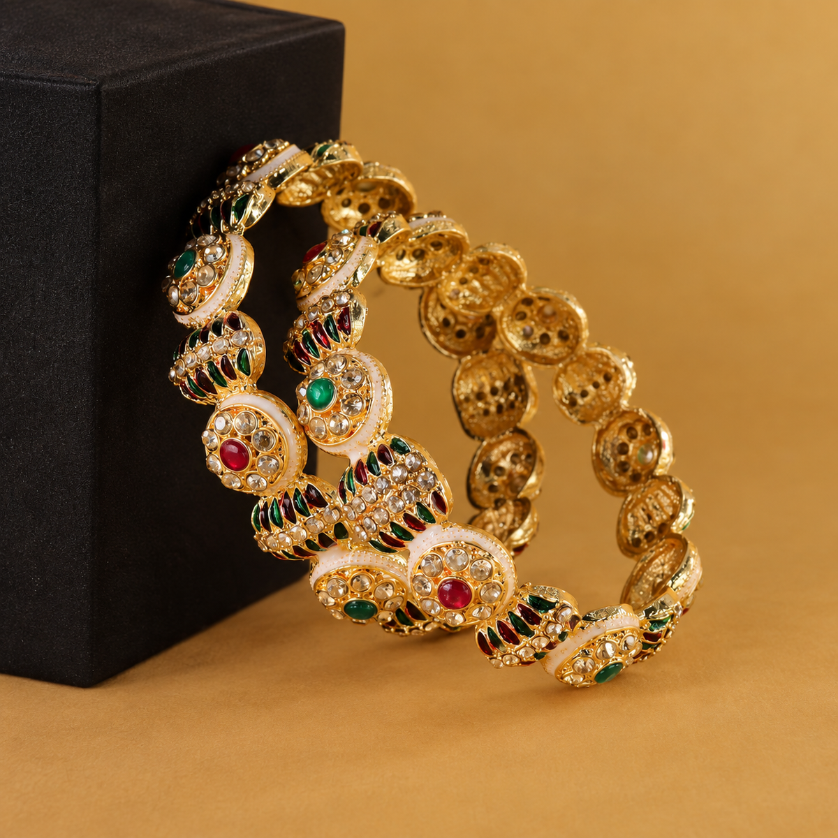 GoldMulti Plated Designer Kundan Work Kada - Set Of 2
