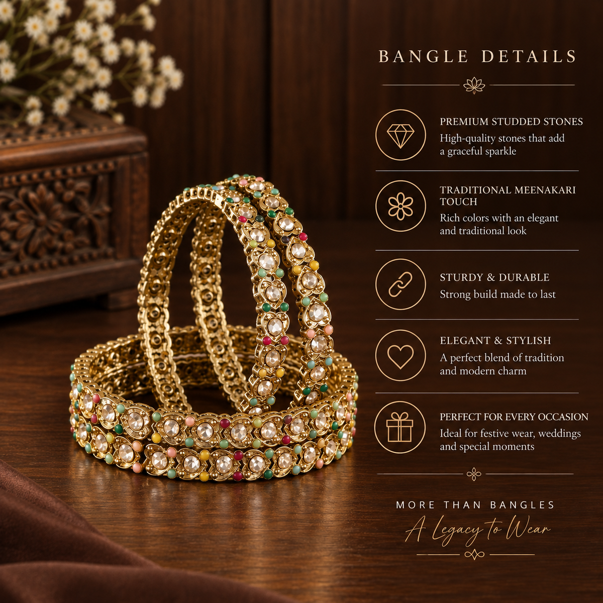 Golden & American Diamond Designer Bangles Set - Set Of 4