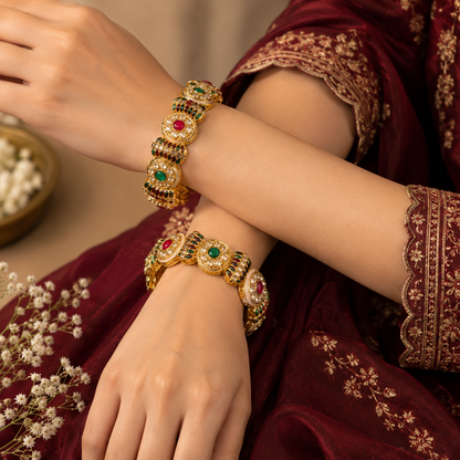 GoldMulti Plated Designer Kundan Work Kada - Set Of 2