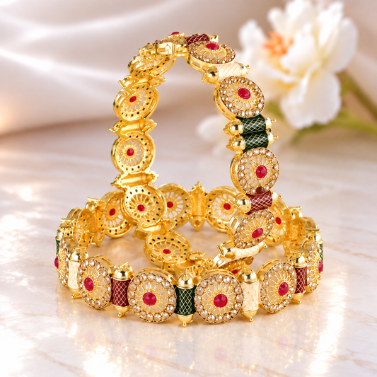 GoldMulti Plated Designer Kundan Work Kada - Set Of 2