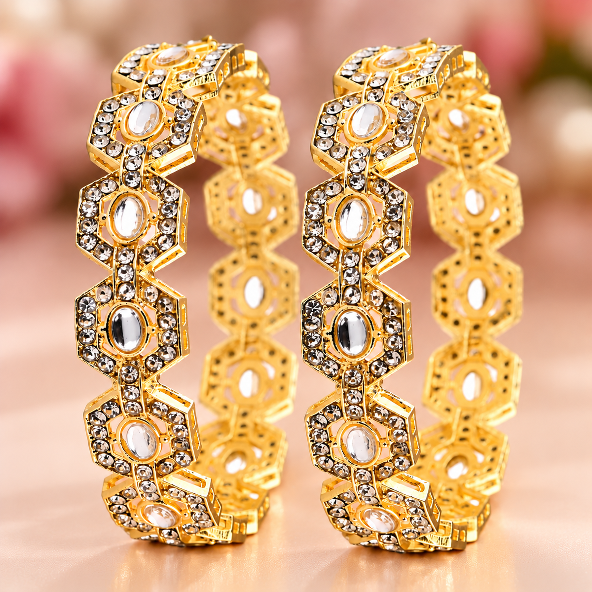 Gold-Plated Designer Geometric Stone Set - Set Of 2