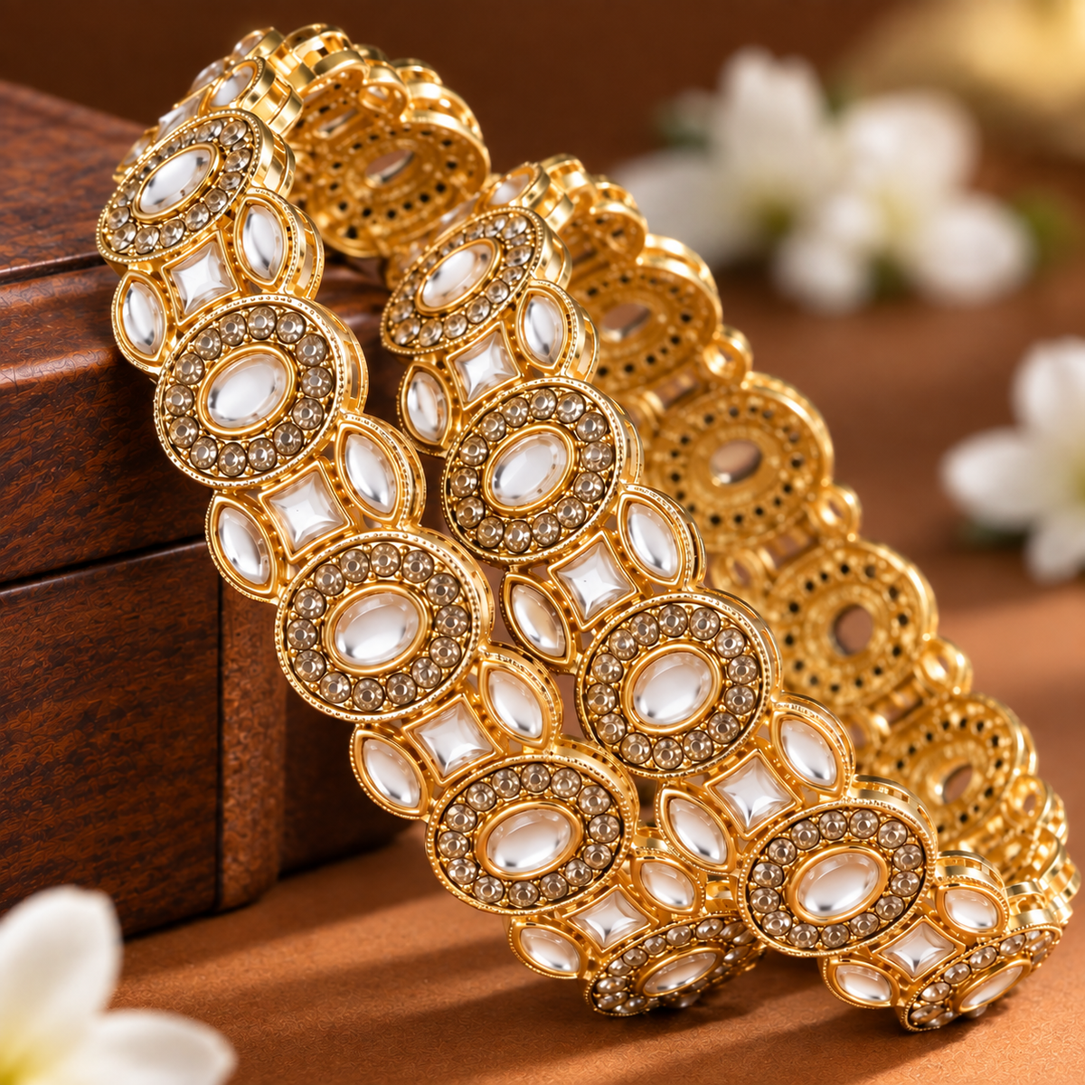 Golden Pearl Stones Crystal Floral Pattern Set - Set Of 2