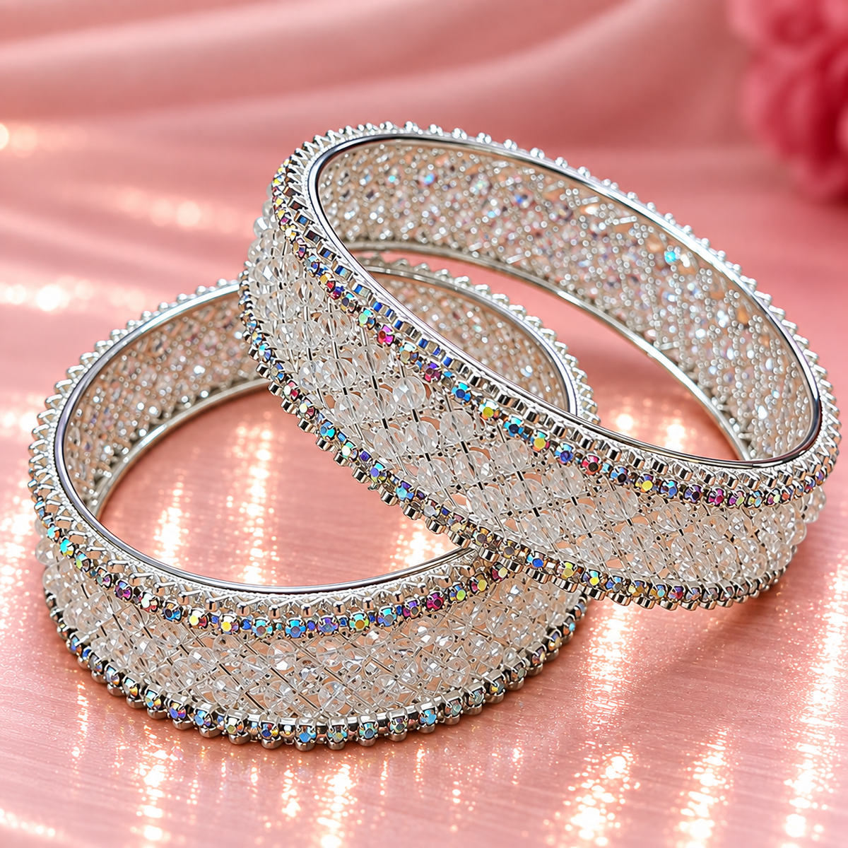 Silver Plated Premium Crystal Beaded Designer Kada Set - Set Of 2