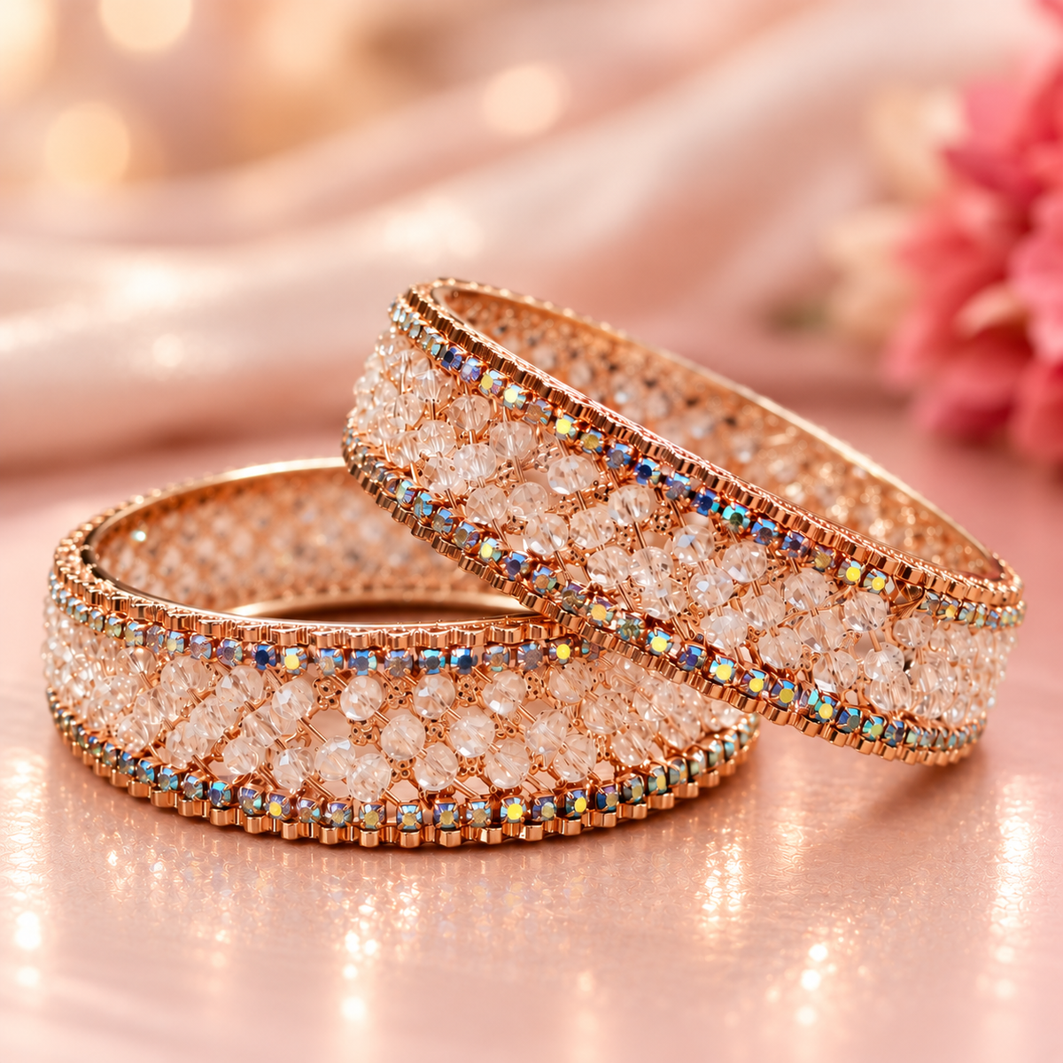 Rose-Gold Plated Premium Crystal Beaded Designer Kada Set - Set Of 2