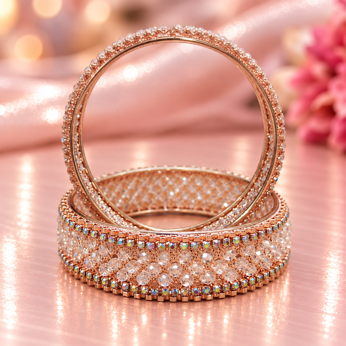 Rose-Gold Plated Premium Crystal Beaded Designer Kada Set - Set Of 2