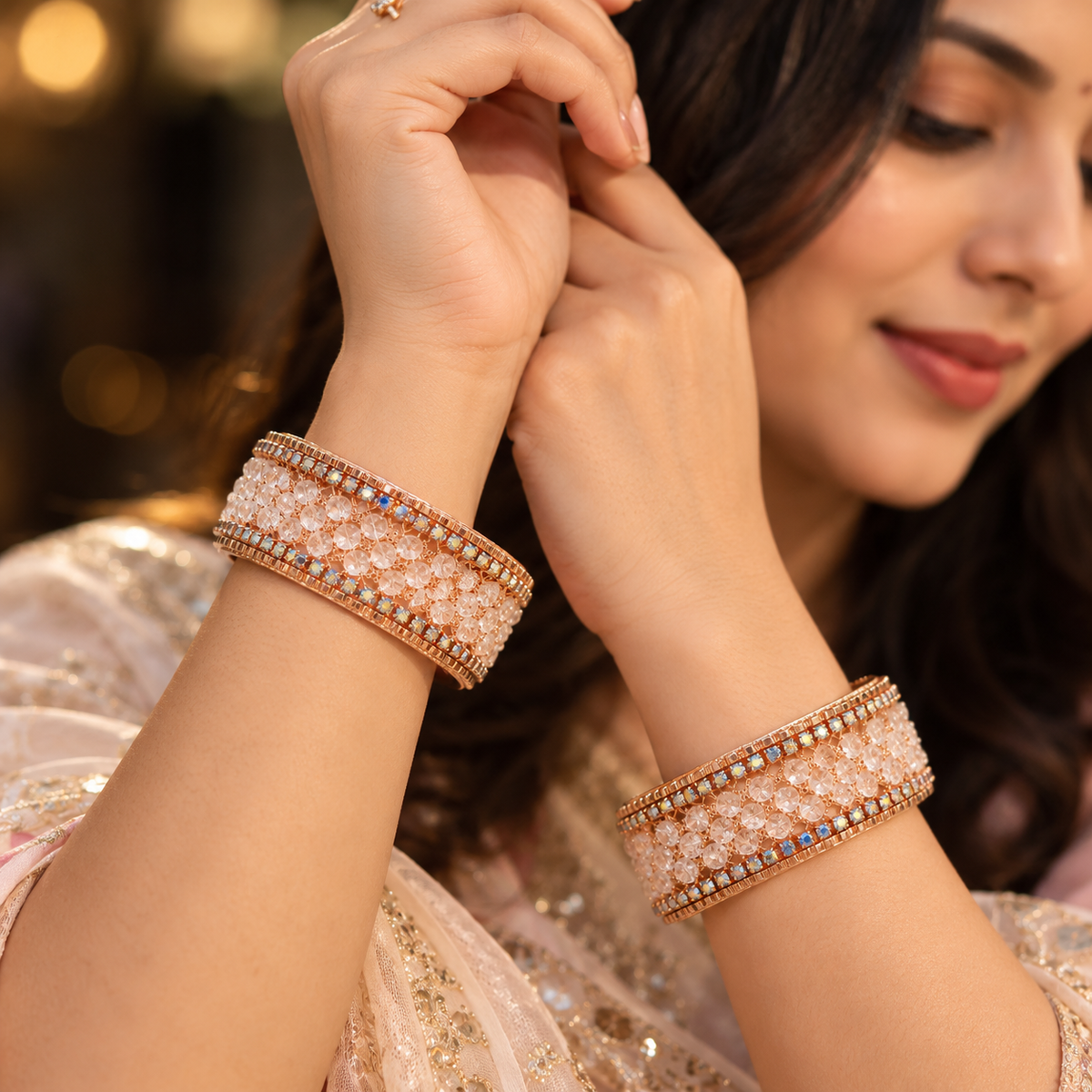 Rose-Gold Plated Premium Crystal Beaded Designer Kada Set - Set Of 2