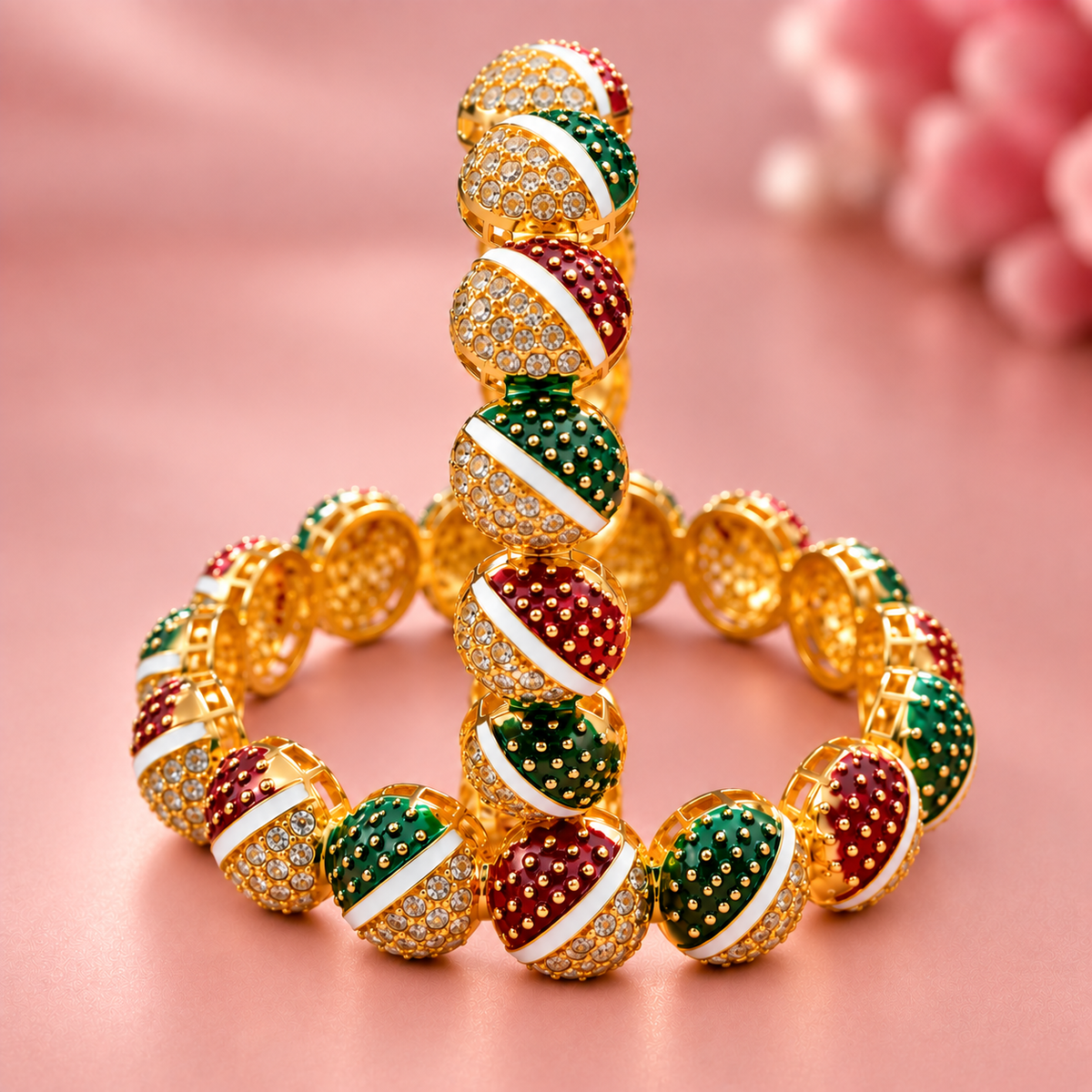 Gold Plated with Red & Green Kundan Bangles Set - Set Of 2