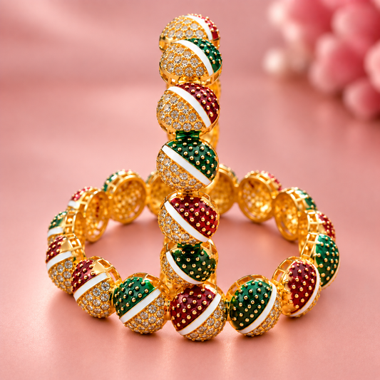 Gold Plated with Red & Green Kundan Bangles Set - Set Of 2