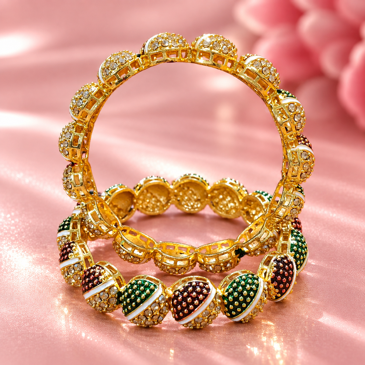 Gold Plated with Red & Green Kundan Bangles Set - Set Of 2