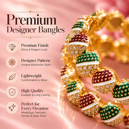 Gold Plated with Red & Green Kundan Bangles Set - Set Of 2