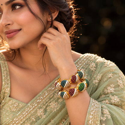 Gold Plated with Red & Green Kundan Bangles Set - Set Of 2