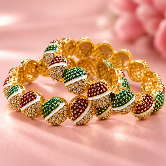 Gold Plated with Red & Green Kundan Bangles Set - Set Of 2