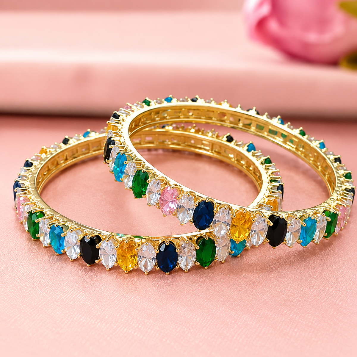 Premium Gold Plated Multicolour Crystal Stone Bangles Set -Set Of 2