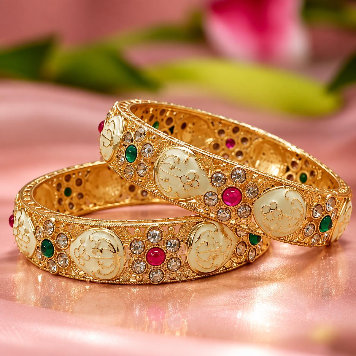 Gold Plated Alloy Kundan Kada Set for Women and Girls - Set Of 2