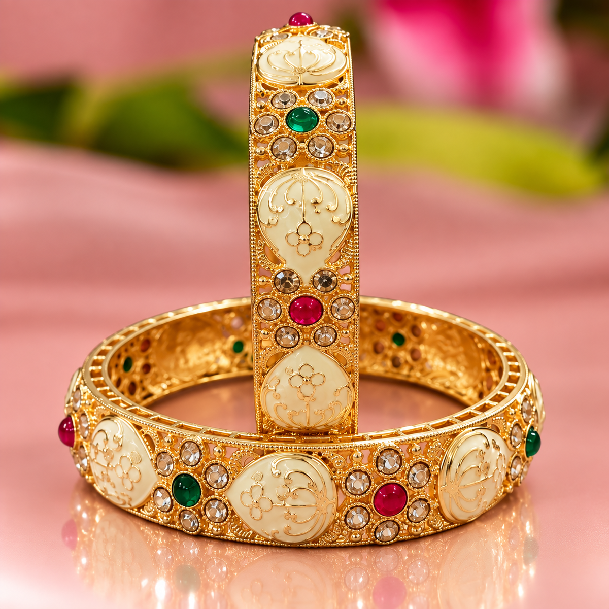 Gold Plated Alloy Kundan Kada Set for Women and Girls - Set Of 2