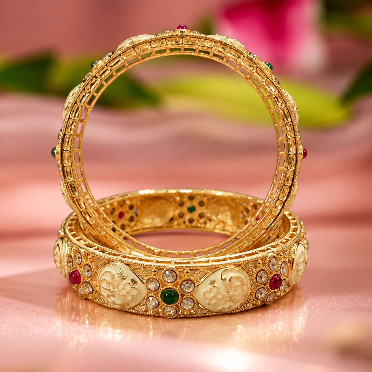 Gold Plated Alloy Kundan Kada Set for Women and Girls - Set Of 2