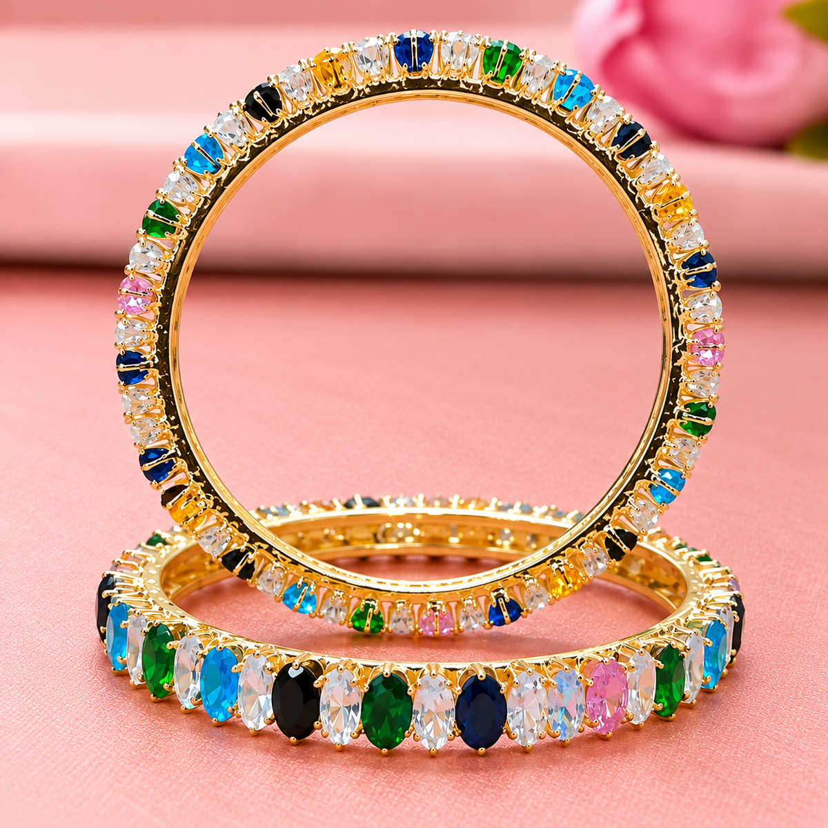 Premium Gold Plated Multicolour Crystal Stone Bangles Set -Set Of 2