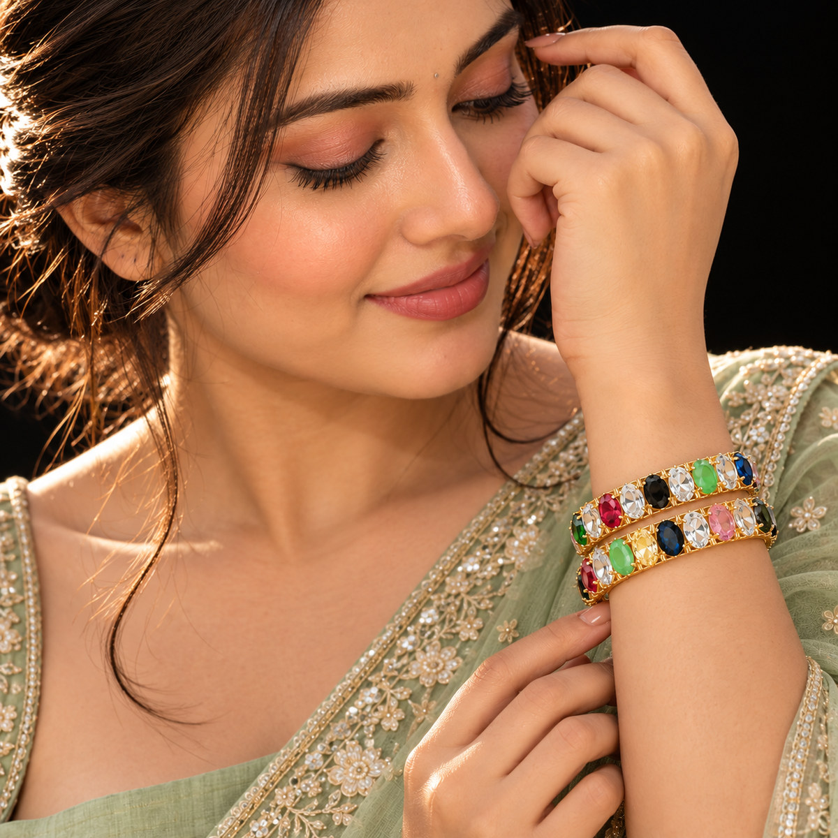 Premium Gold Plated Multicolour Crystal Stone Bangles Set -Set Of 2