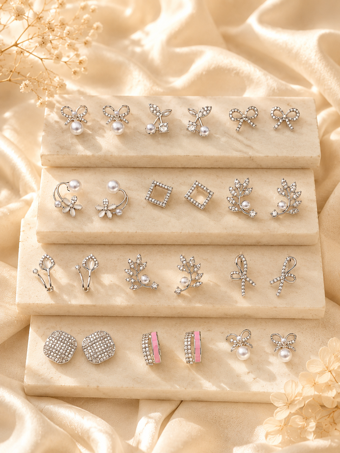 Korean Zircon & Pearl Silver Earrings Combo- Pack of 12