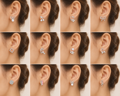 Korean Zircon & Pearl Silver Earrings Combo- Pack of 12