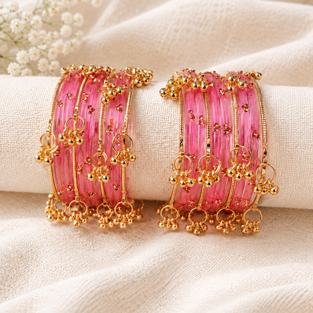 Pink Glass Bangles Set with Gold Metal Ghungroo Pack of 20