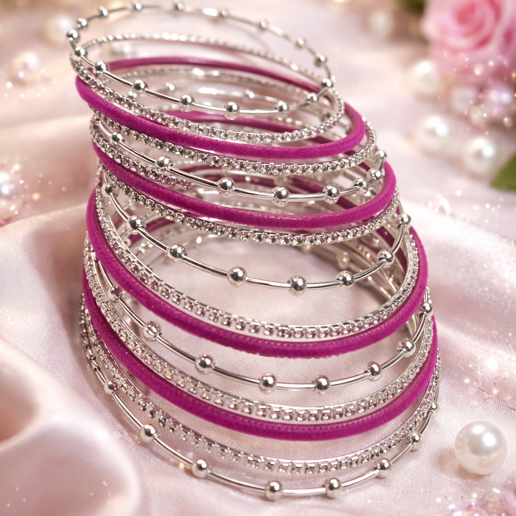 Premium Rani Velvet & Stone Studded Silver Bangles Set-16