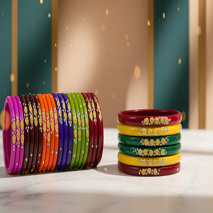 Glass Bangles Set – Pack of 48 | 12 Multicolor Designs with Golden & Stone Work