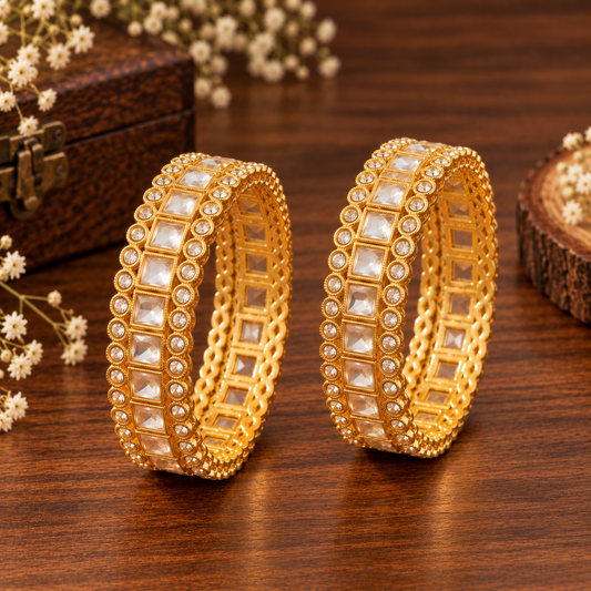 Gold-Plated Premium Square Zircon Stone Designer Bangles - Set of 2