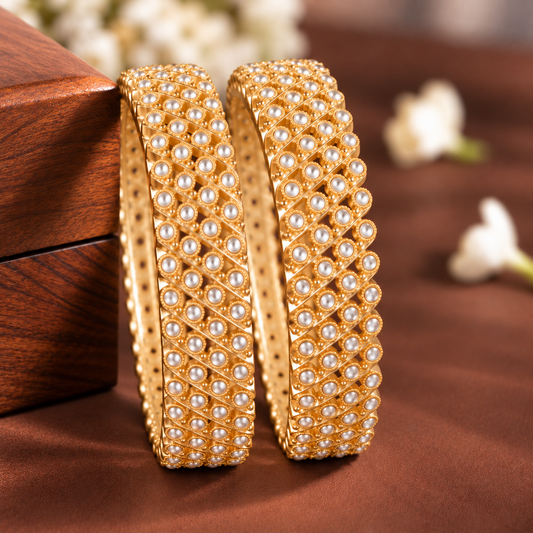 Gold-Plated Designer Crystal Stone Pattern Bangles - Set of 2