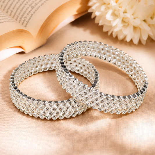 Silver-Plated Designer Crystal Stone Pattern Bangles - Set of 2