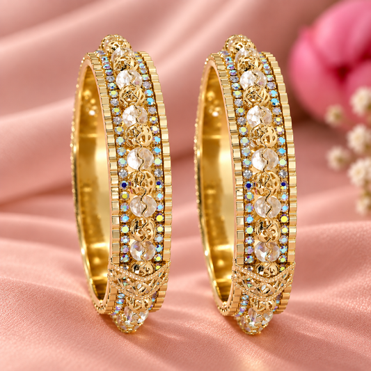 Gold Plated Designer Kada Bangles with Multicolor Stones-Set of 2