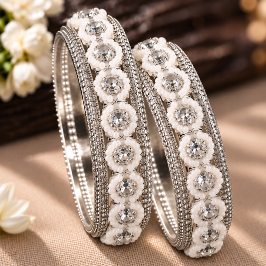 Silver Brilliance: Embellished Bridal Bangles - Set of 2