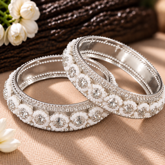 Silver Brilliance: Embellished Bridal Bangles - Set of 2