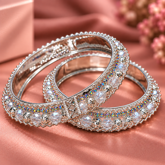 Silver Plated Designer Kada Bangles with Multicolor Stones-Set of 2