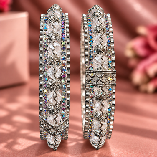 Silver Plated Designer Kada Bangles with Multicolor Stones-Set of 2