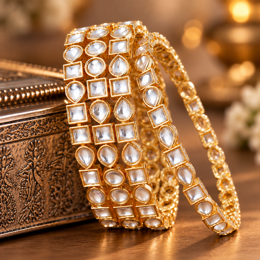 Gold-Plated Kundan Polki Bangles - Set of 4