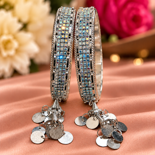 Silver-Plated Multicolor Stone Latkan Kada Bangles - Set of 2