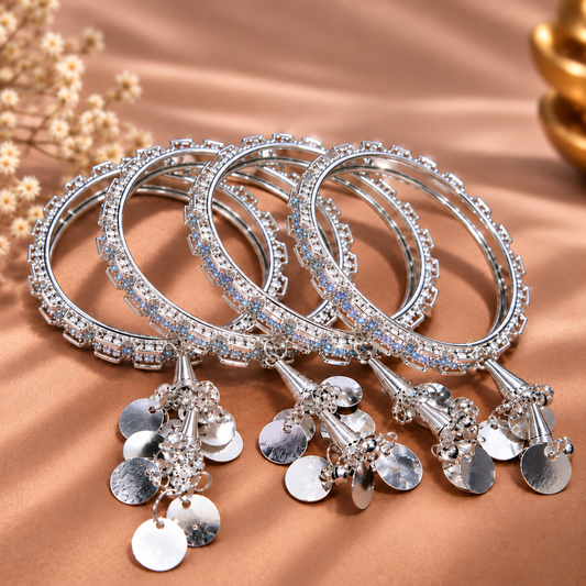 Silver-Plated Multicolor Stone Studded  Bridal Bangles - Set Of 4