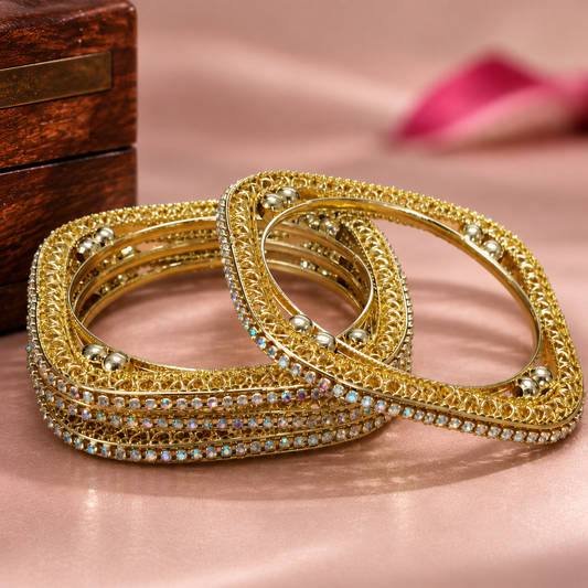 Gold-Plated Antique Filigree Kada Bangles - Set Of 4