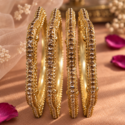Golden Filigree Geometric Kada Bangles - Set Of 4