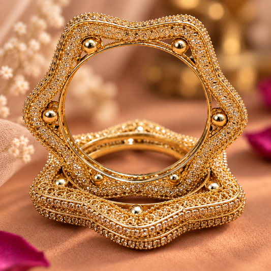 Golden Filigree Geometric Kada Bangles - Set Of 4